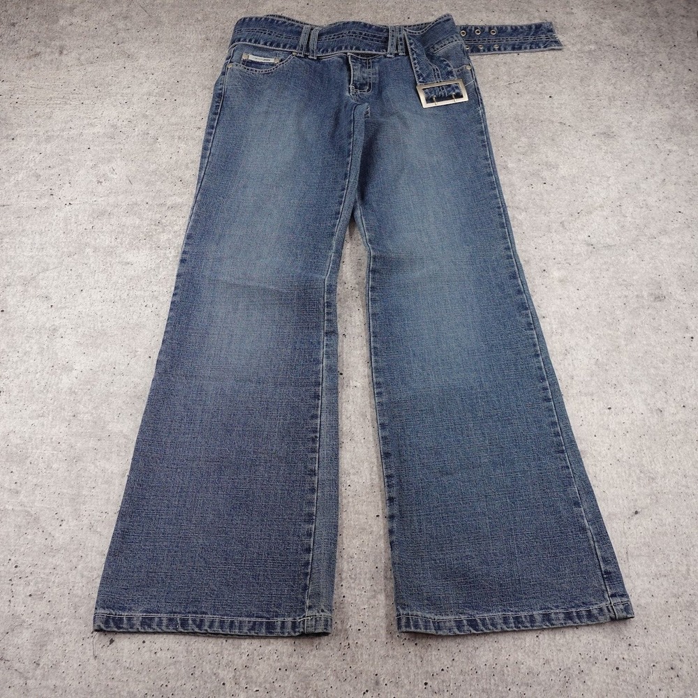 Younique Jeans Womens 9 Blue Denim Flare Wide Leg Low Rise Belted Y2K Wash